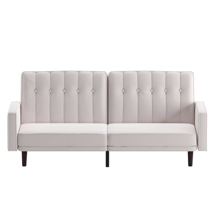 Caela Plush Padded Upholstered Split Back Sofa Futon with Vertical Channel Tufting and Wooden Legs