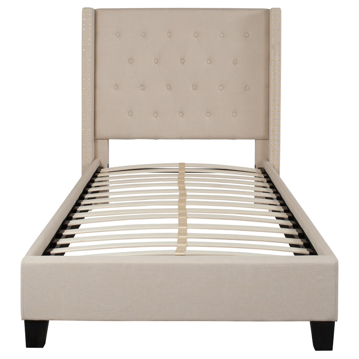 Extended Side Accent Nail Trimmed Upholstered Platform Bed