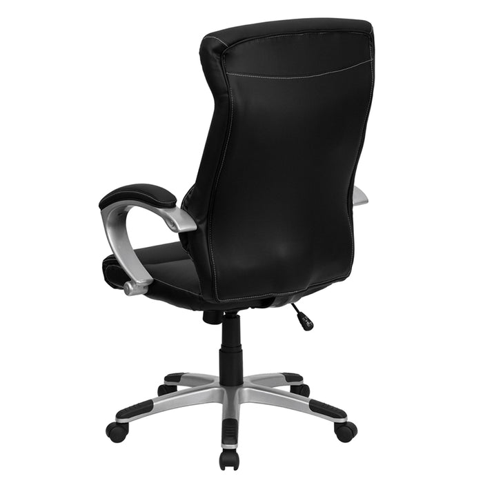 High Back Leather Executive Swivel Office Chair with Curved Headrest and White Line Stitching