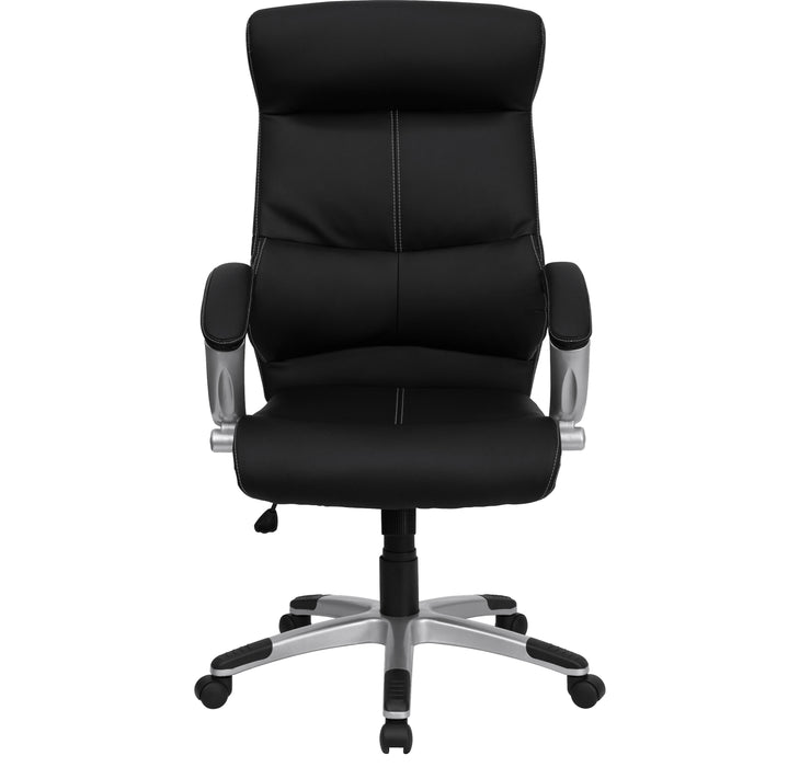 High Back Leather Executive Swivel Office Chair with Curved Headrest and White Line Stitching