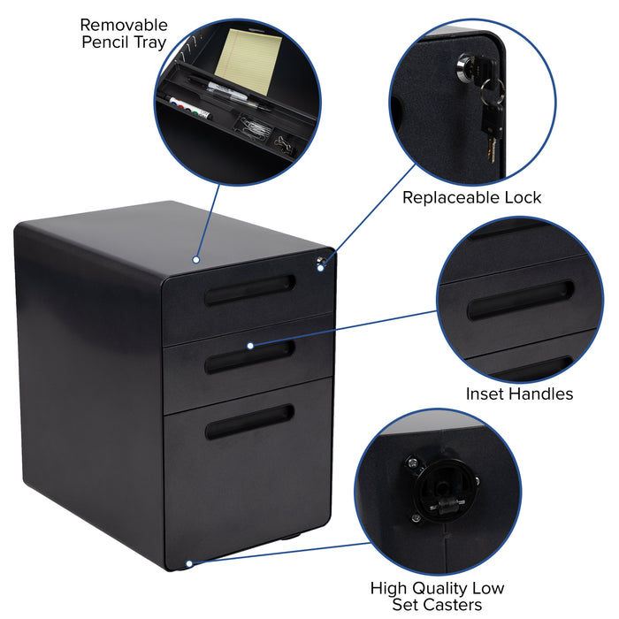 Ergonomic 3-Drawer Mobile Locking Filing Cabinet Storage Organizer