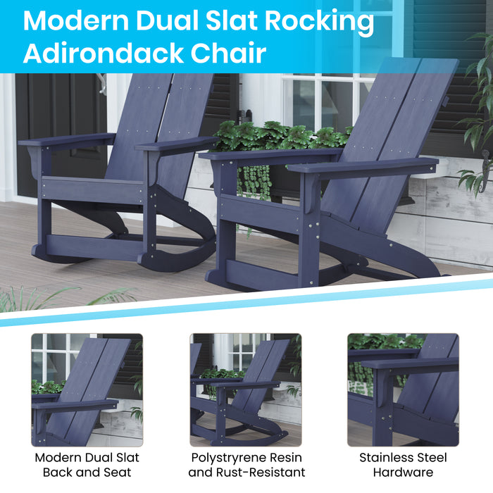 Set of 2 Harmon Modern All-Weather Poly Resin Adirondack Rocking Chairs with Side Table for Outdoor Use
