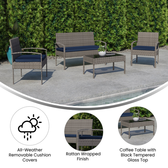 4 Piece Patio Set with Steel Frame and Cushions - Outdoor Seating