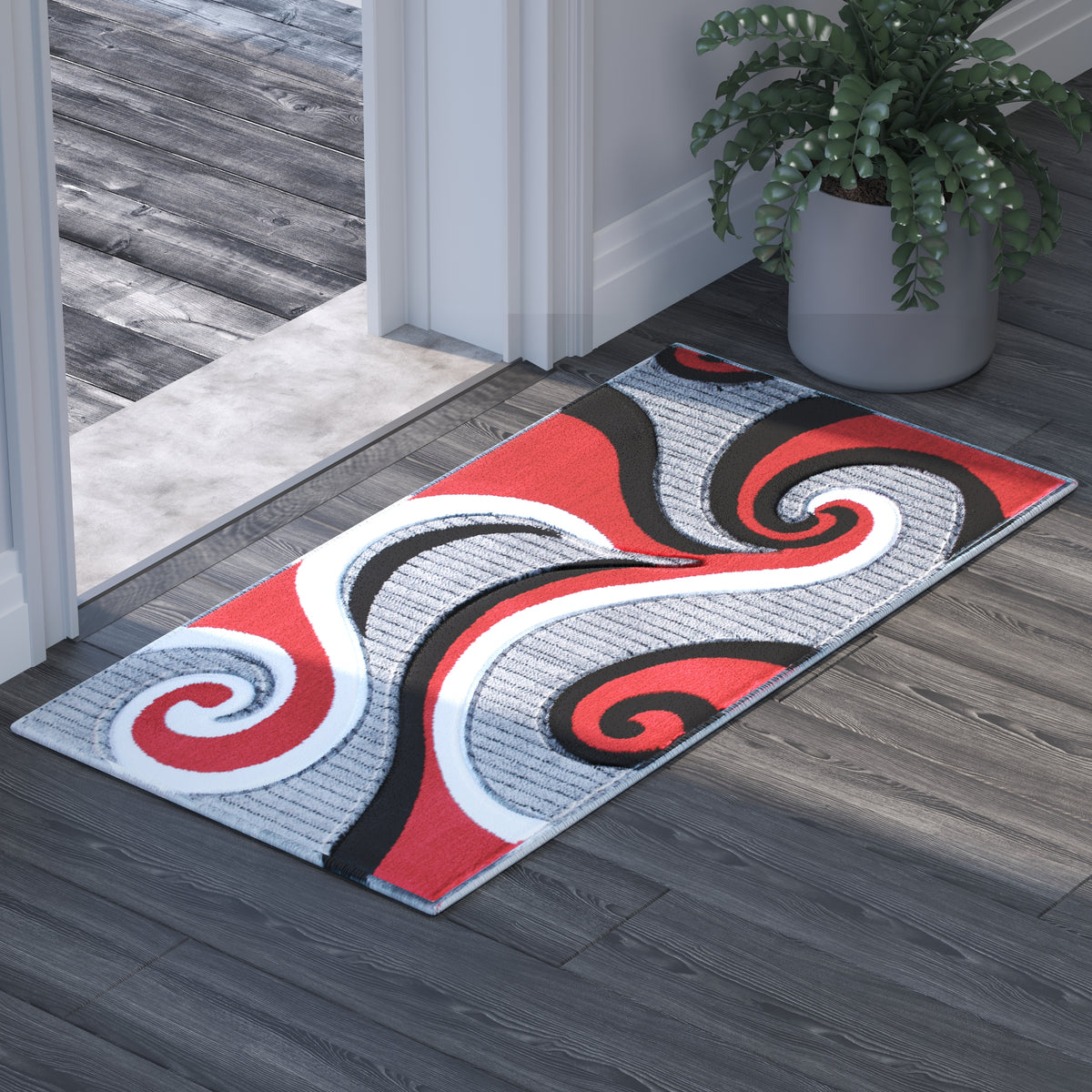 Emma + Oliver 5x5 Round Olefin Accent Rug with 3D Sculpted Intersecting  Arch Design in Red, Gray, Black and White with Jute Backing 