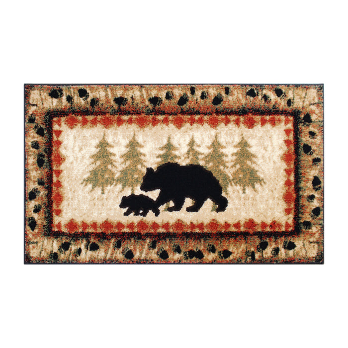Rustic Cabin Theme Accent Rug with Bear and Cub Design with Trees in Background and Bear Track Patterned Edges