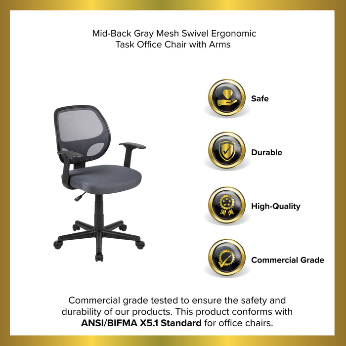 Mid-Back Mesh Swivel Ergonomic Task Office Chair - Arms, BIFMA Certified