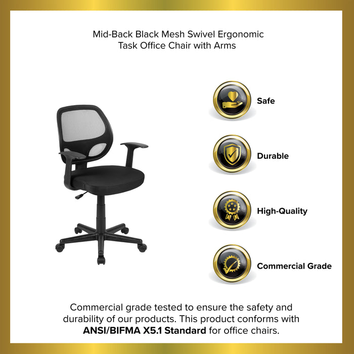 Mid-Back Mesh Swivel Ergonomic Task Office Chair - Arms, BIFMA Certified