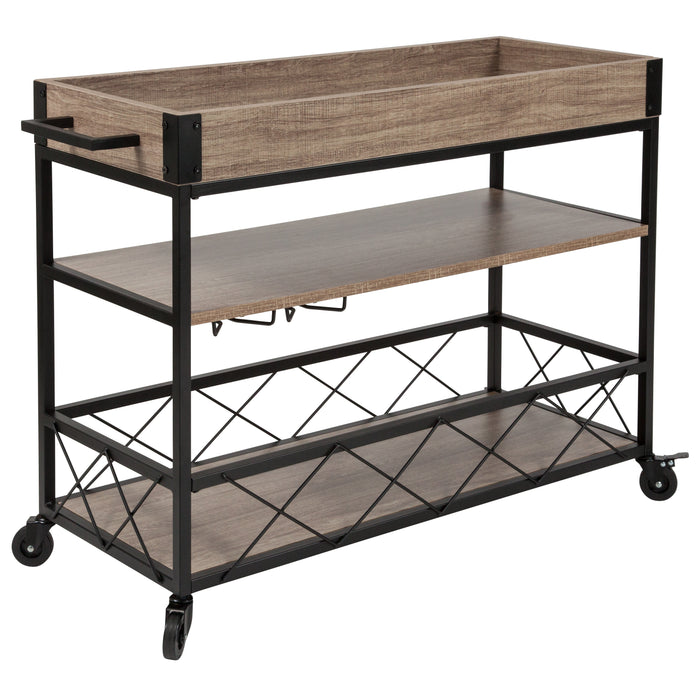 Distressed Wood Kitchen Bar Cart with Stemware Rack and Panel Border Bottom Shelf
