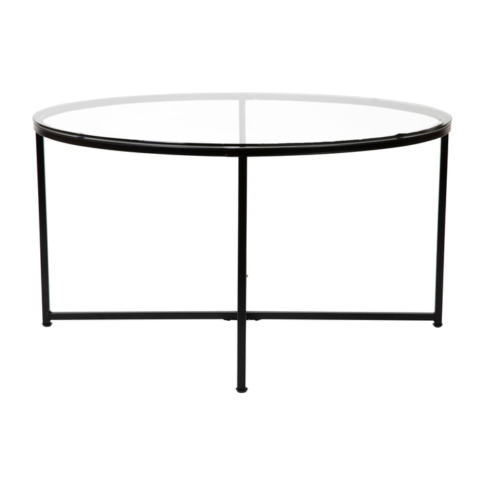 Glass Living Room Coffee Table with Crisscross Metal Frame