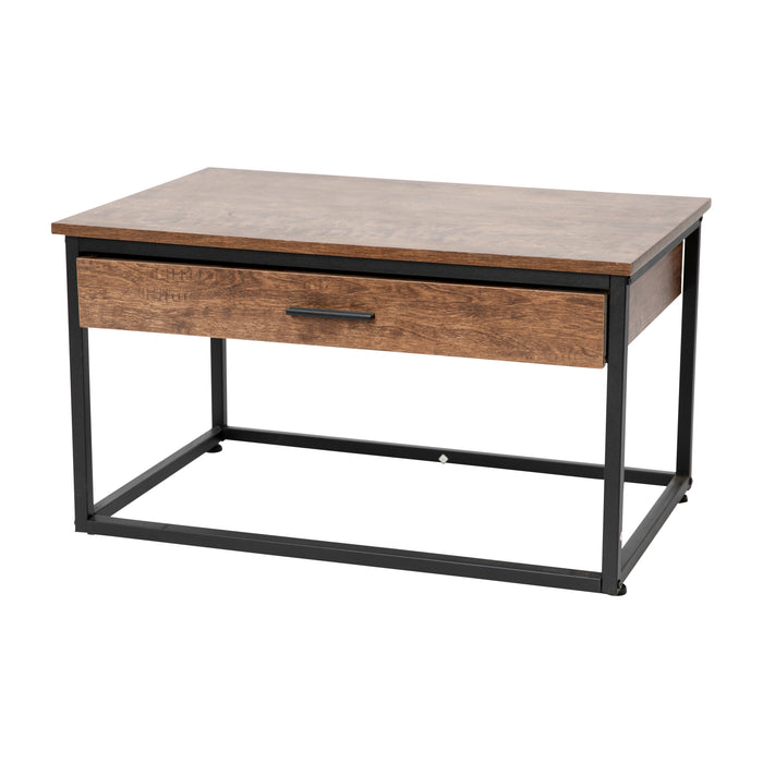 Milana Two Piece Modern Industrial Style Nesting Coffee Table Set with Storage Drawer with Steel Tube Frame