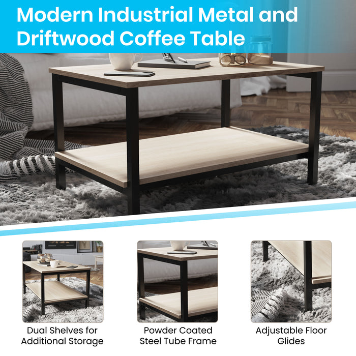 Sylvan Minimalist Industrial Engineered Wood Coffee Table with Steel Tube Frame and Lower Storage Shelf