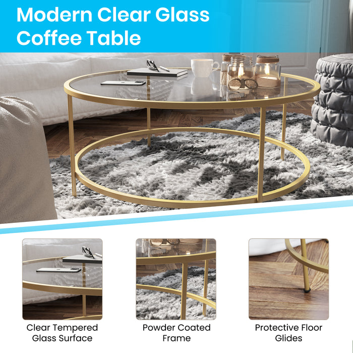 Glass Living Room Coffee Table with Round Metal Frame