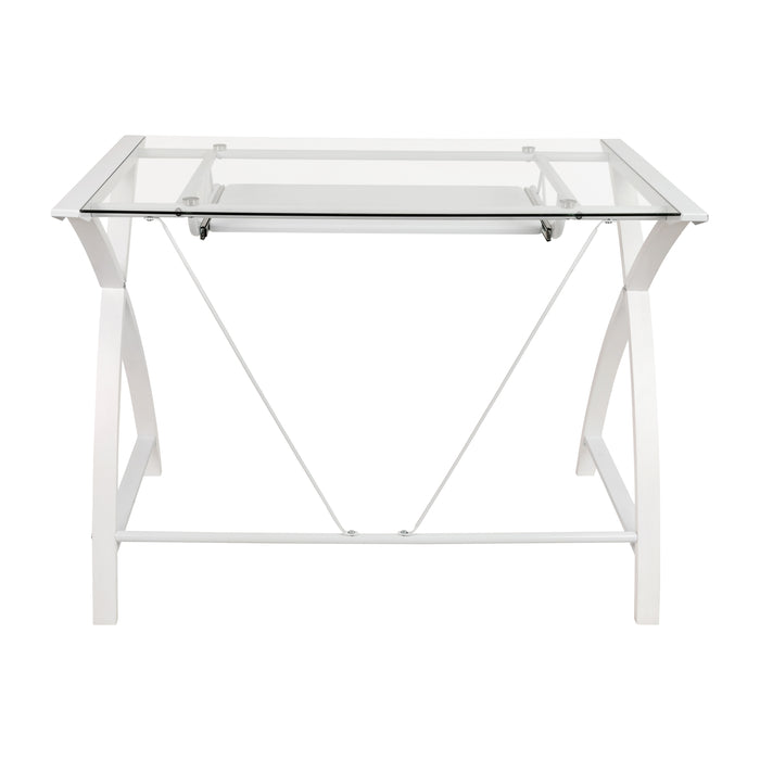 Glass Computer Desk-Pull-Out Keyboard Tray & Crisscross Frame