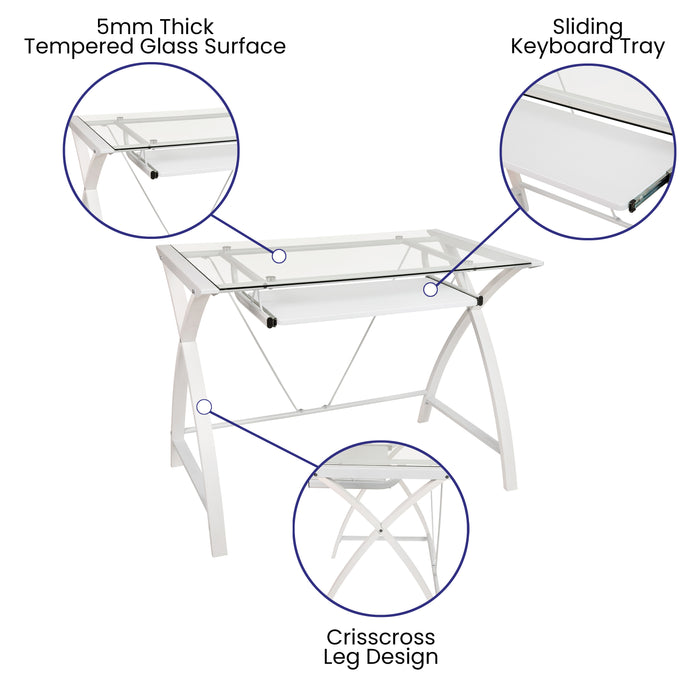 Glass Computer Desk-Pull-Out Keyboard Tray & Crisscross Frame