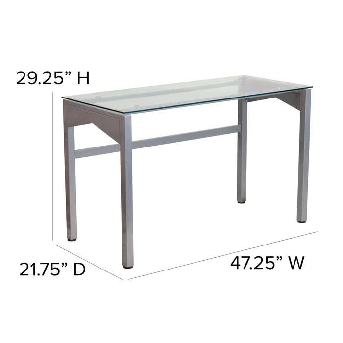 Contemporary Clear Tempered Glass Desk with Geometric Sides and Silver Frame