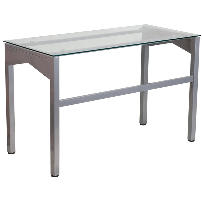 Contemporary Clear Tempered Glass Desk with Geometric Sides and Silver Frame