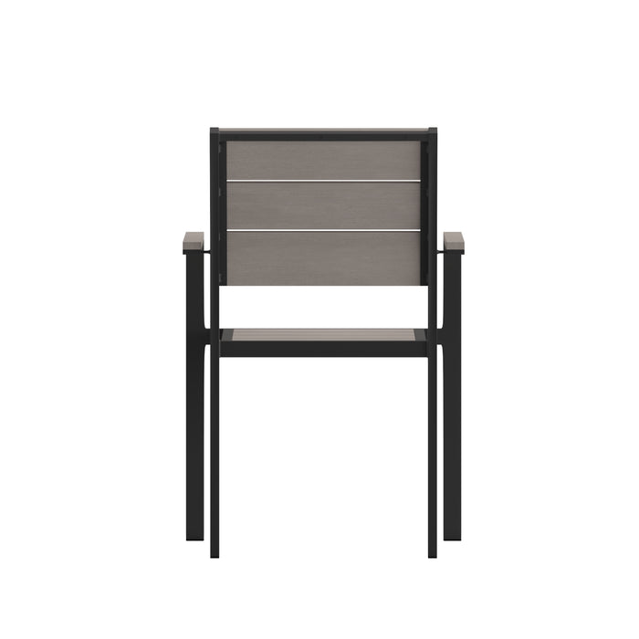 Fena Outdoor Stacking Side Chair with Faux Teak Poly Slat Seat, Back and Arms and Metal Frame