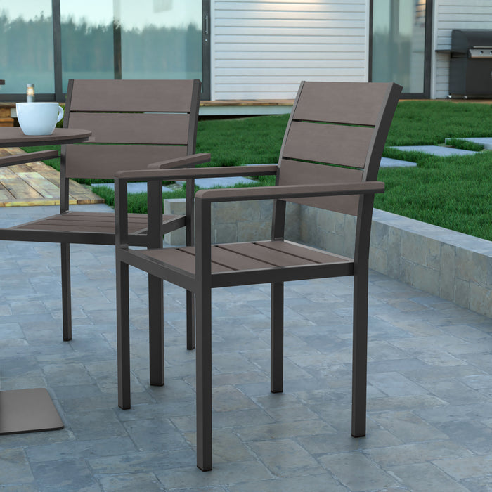 Fena Outdoor Stacking Side Chair with Faux Teak Poly Slat Seat, Back and Arms and Metal Frame