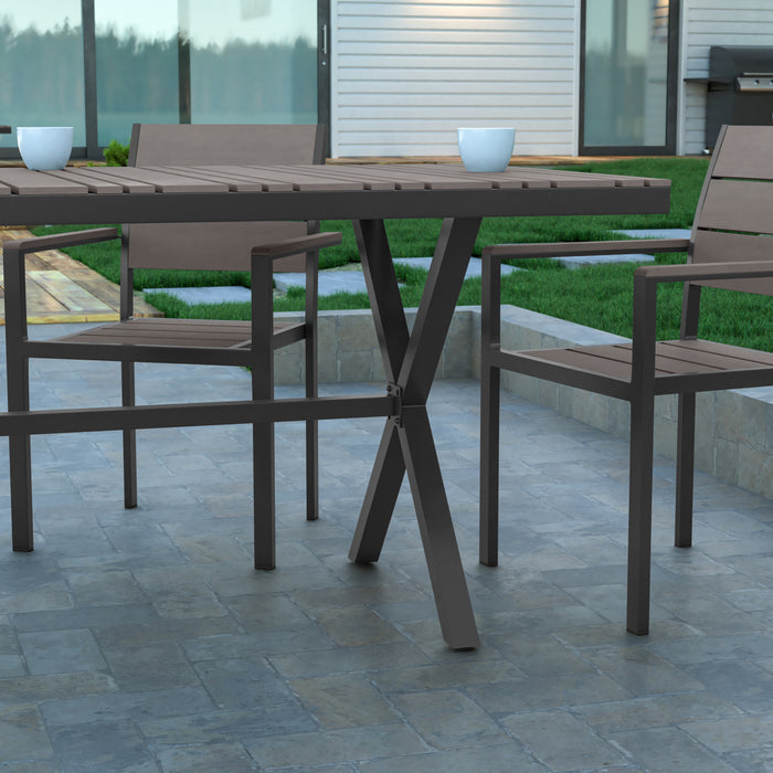 Fena 59" x 35.5" Outdoor X-Frame Dining Table with Faux Teak Poly Slat Top and Metal Frame