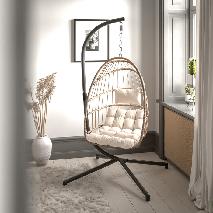 Awen Foldable Hanging Egg Chair with Woven Finish, Removable Cushions, and Included Stand for Indoor and Outdoor Use
