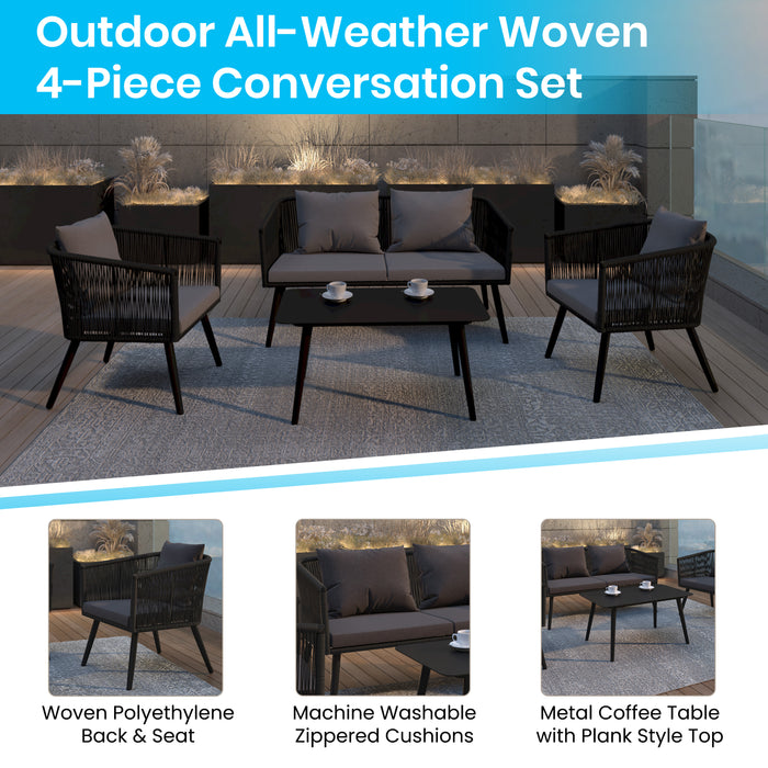Alfresco Woven All-Weather Four-Piece Conversation Set with Cushions & Metal Coffee Table for Porch, Backyard and Patio