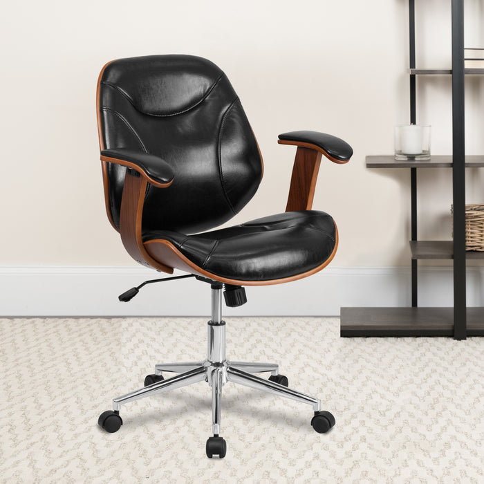 Mid-Back Leather Executive Ergonomic Wood Swivel Office Chair with Arms
