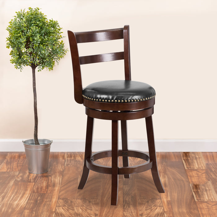 26'' High Wood Counter Height Stool with Single Slat Ladder Back and Leather Swivel Seat