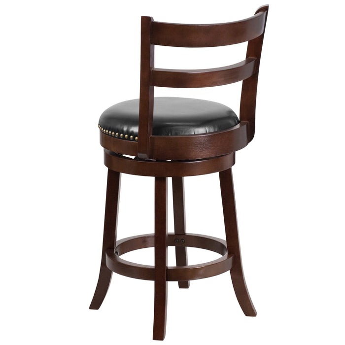 26'' High Wood Counter Height Stool with Single Slat Ladder Back and Leather Swivel Seat