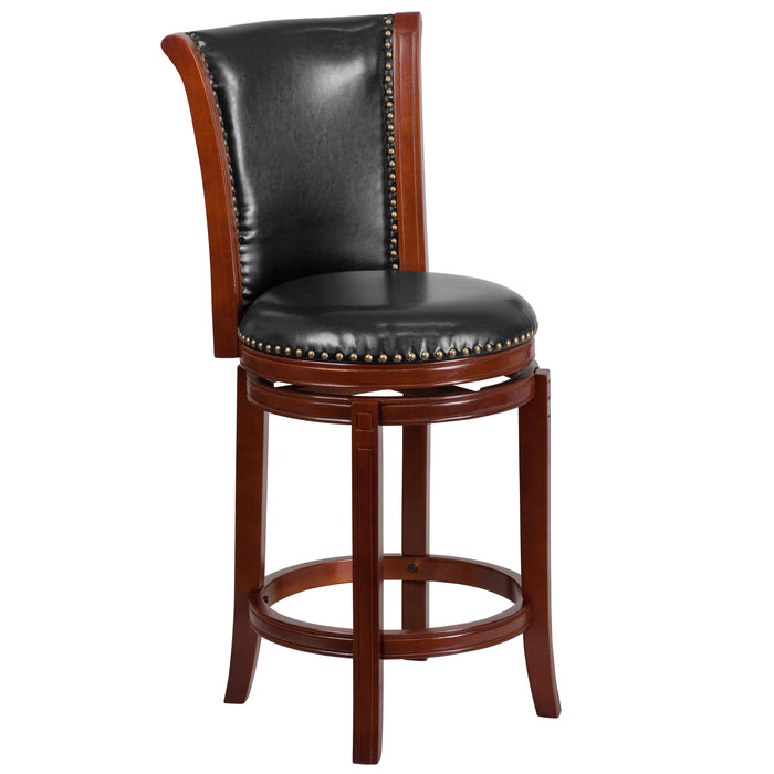 26'' High Wood Counter Height Stool with Panel Back and Leather Swivel Seat
