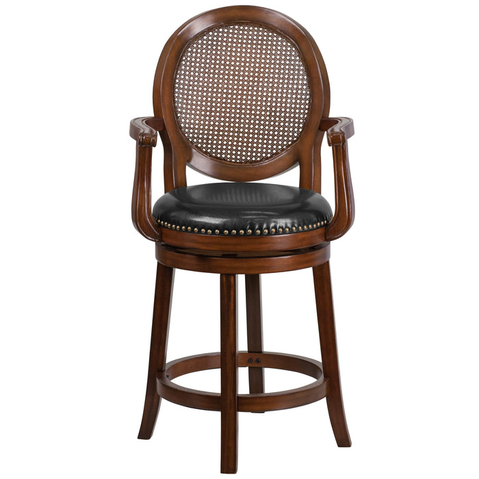 26'' High Wood Counter Height Stool with Arms, Woven Rattan Back and Leather Swivel Seat