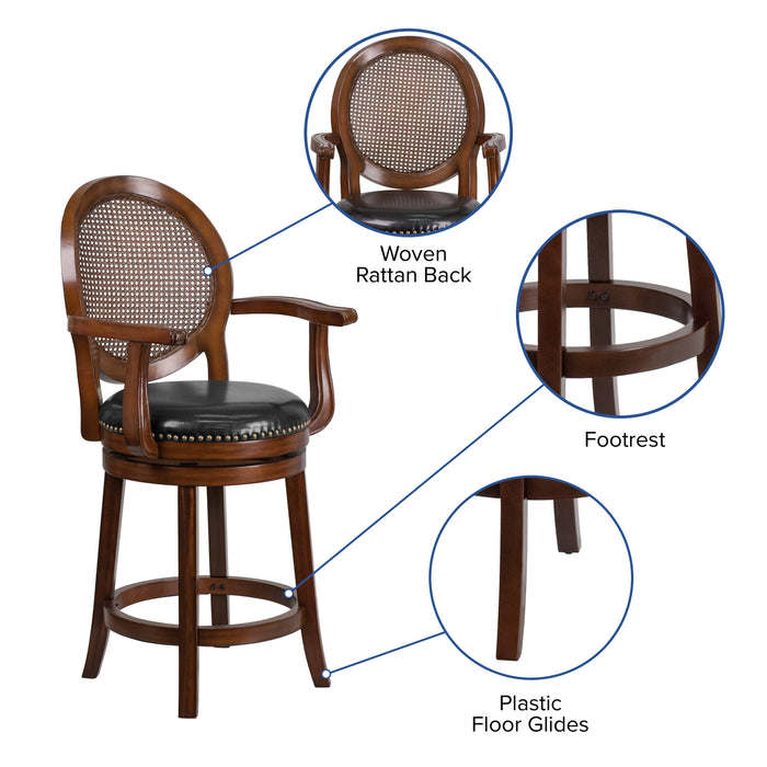 26'' High Wood Counter Height Stool with Arms, Woven Rattan Back and Leather Swivel Seat