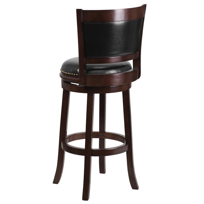 29'' High Wood Barstool with Panel Back and Leather Swivel Seat