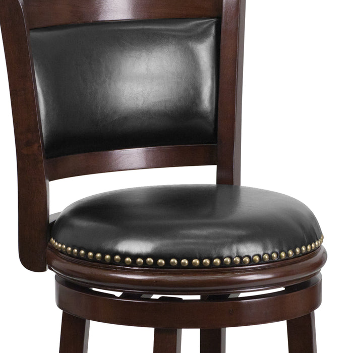 29'' High Wood Barstool with Panel Back and Leather Swivel Seat