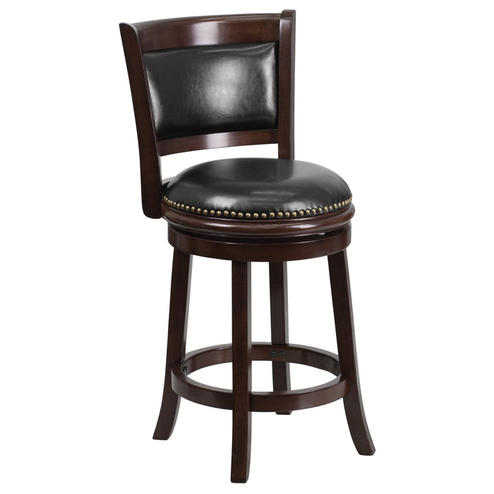 24'' High Wood Counter Height Stool with Panel Back and Leather Swivel Seat
