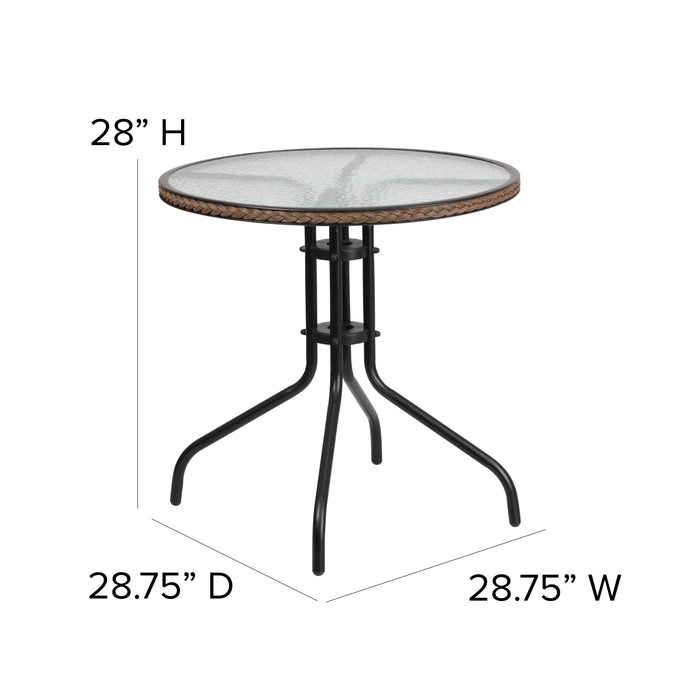 28" Round Tempered Glass Metal Table with Rattan Edging