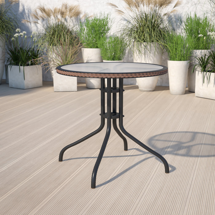 28" Round Tempered Glass Metal Table with Rattan Edging
