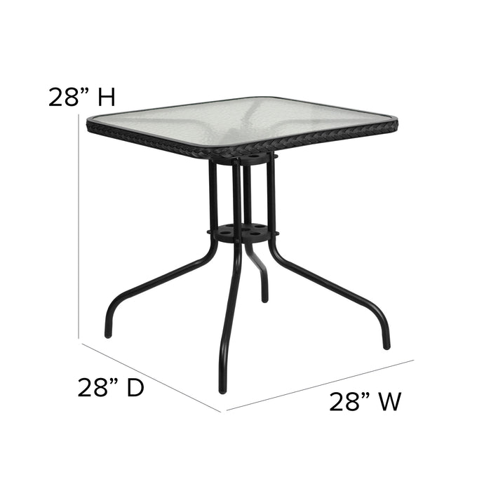 28" Square Tempered Glass Metal Table with Rattan Edging