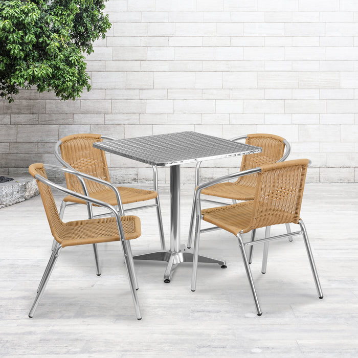 27.5" Square Aluminum Garden Patio Table Set with 4 Rattan Chairs