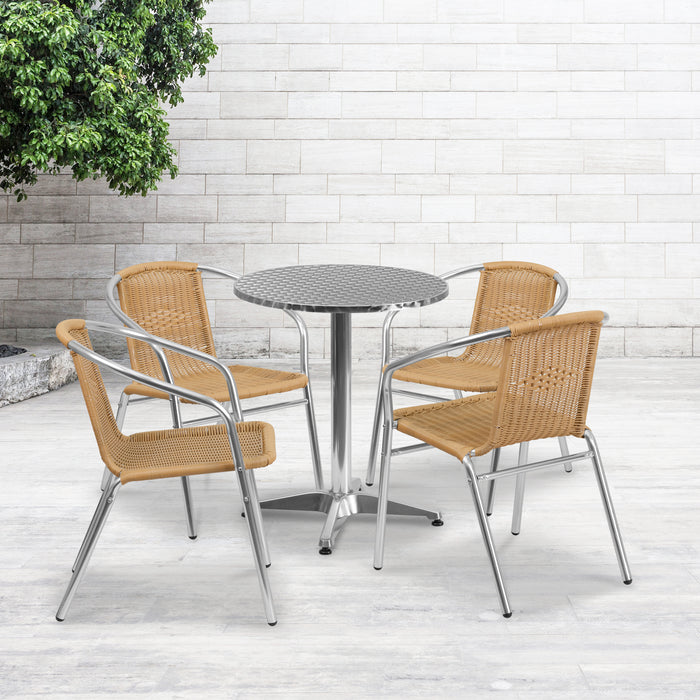 23.5" Round Aluminum Garden Patio Table Set with 4 Rattan Chairs