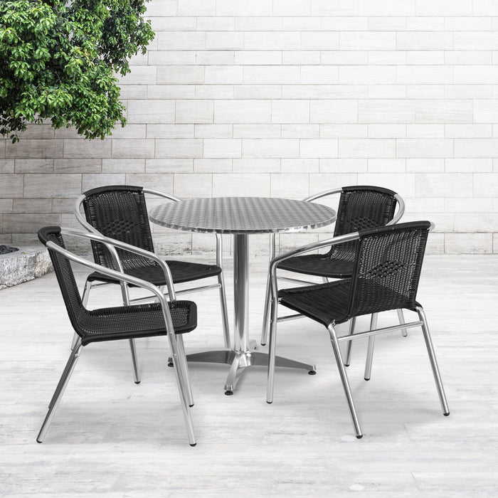 31.5" Round Aluminum Garden Patio Table Set with 4 Rattan Chairs