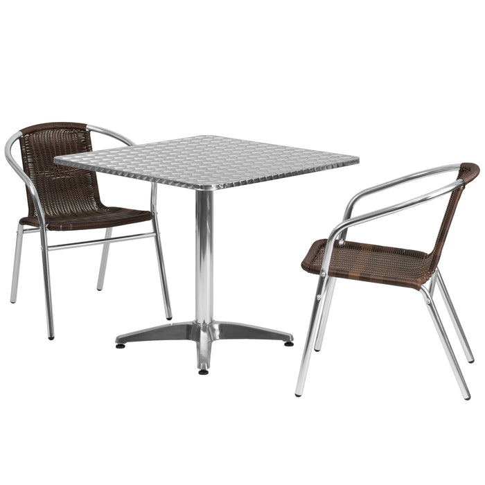 31.5" Square Aluminum Garden Patio Table Set with 2 Rattan Chairs