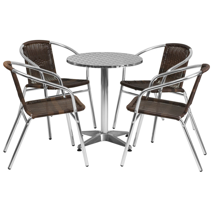 23.5" Round Aluminum Garden Patio Table Set with 4 Rattan Chairs