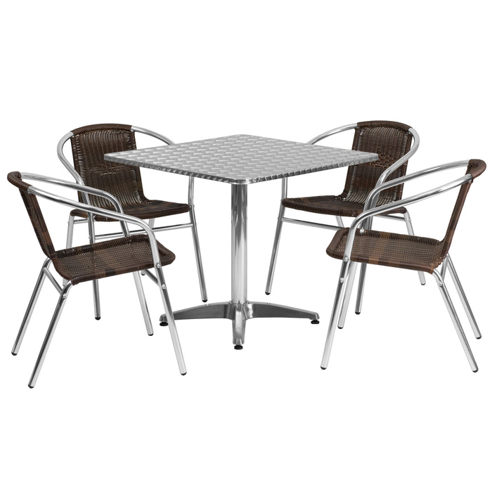 31.5" Square Aluminum Garden Patio Table Set with 4 Rattan Chairs