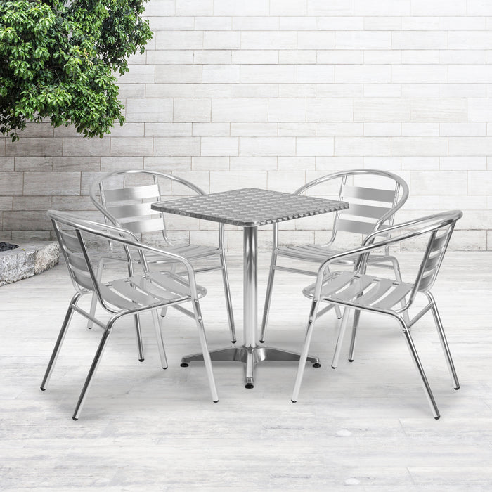 23.5'' Square Aluminum Indoor-Outdoor Table Set with 4 Slat Back Chairs