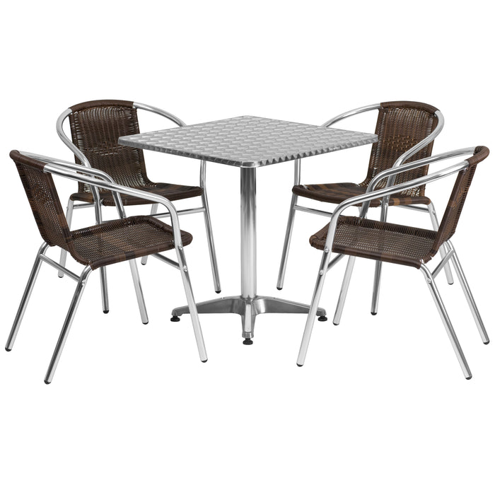 27.5" Square Aluminum Garden Patio Table Set with 4 Rattan Chairs
