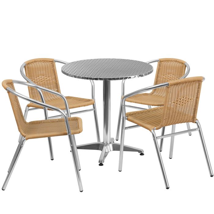 27.5" Round Aluminum Garden Patio Table Set with 4 Rattan Chairs