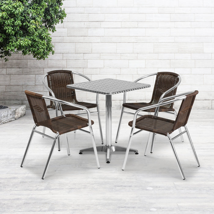 23.5" Square Aluminum Garden Patio Table Set with 4 Rattan Chairs