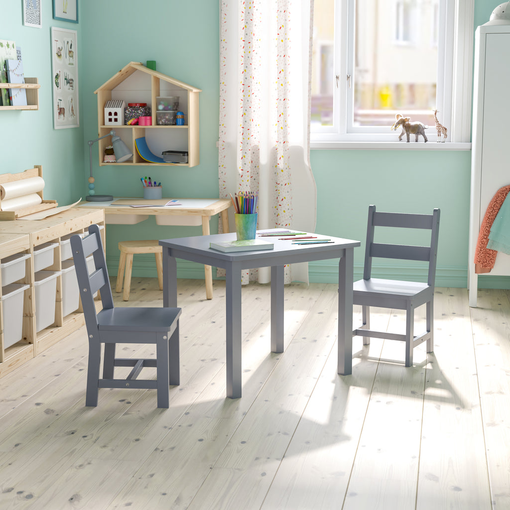 Kids 3 Piece Solid Hardwood Table and Chair Set for Playroom