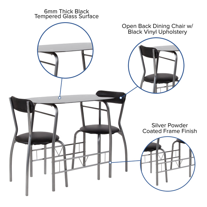 3 Piece Space-Saver Glass Bistro Set with Vinyl Padded Chairs