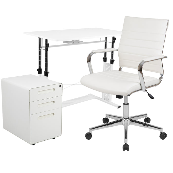 Work From Home Kit with Adjustable Desk, LeatherSoft Office Chair, & Locking Cabinet